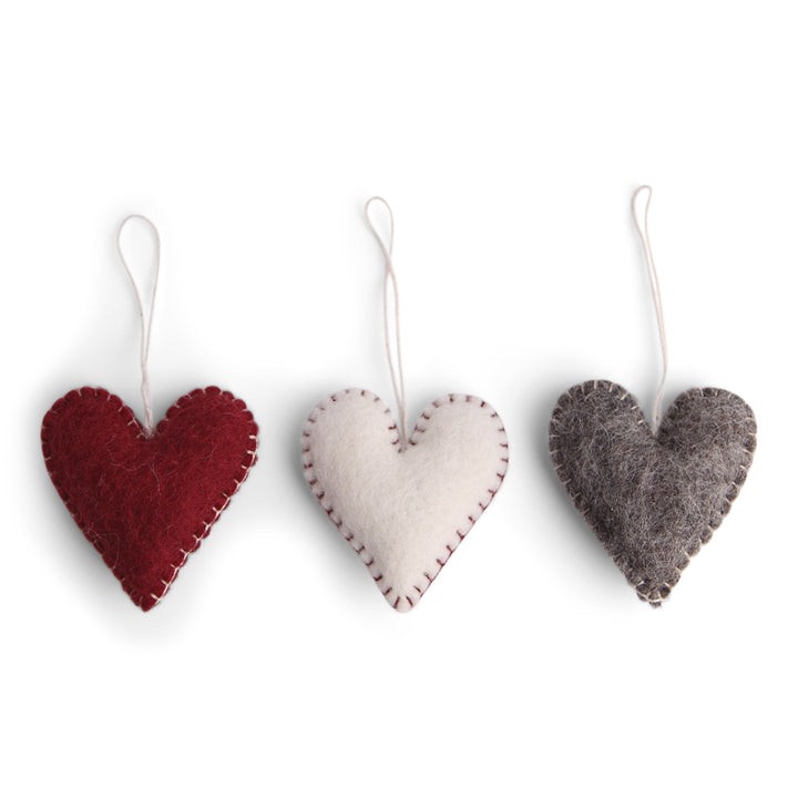 Felt Christmas Tree Decoration - Hearts with Stitching (Set of 3)